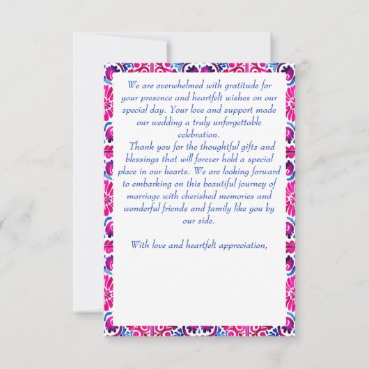 ピンク色のメキシコのタラベラ結婚タイル サンキューカード (裏面)