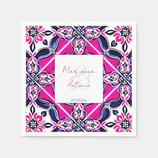 ピンク色のメキシコ結婚ンタイルの食器テンプレート スタンダードカクテルナプキン (正面)