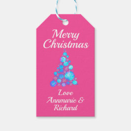 ピンク色のメリークリスマスパープルツリーと名前 ギフトタグ