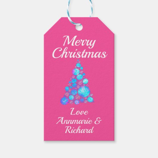 ピンク色のメリークリスマスパープルツリーと名前 ギフトタグ (正面)