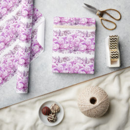 ピンク色のモノクロフラワーラッピング紙 ラッピングペーパー