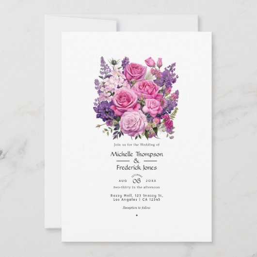 ピンク色のラベンダーとマフーに近いフローラ結婚の 招待状 (正面)