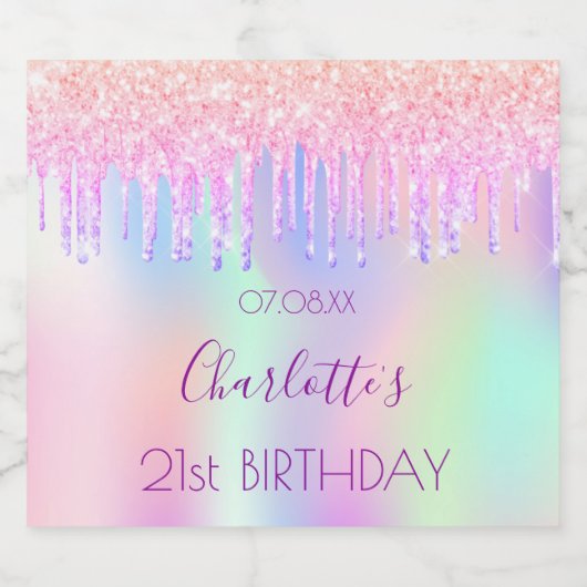 ピンク色のリップルホログラフィックグリッターが誕生日を乾燥 スパークリングワインラベル (シングルラベル)