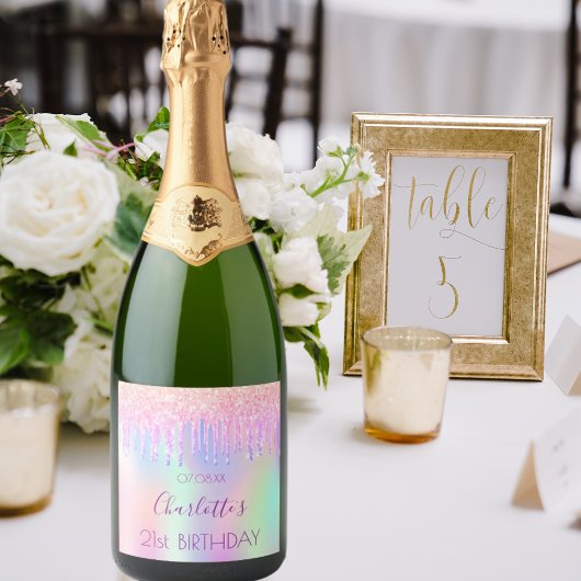 ピンク色のリップルホログラフィックグリッターが誕生日を乾燥 スパークリングワインラベル