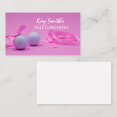 ピンク色のリボンが付いたゴルフボール、ピンクの女性ゴルファー 名刺 (正面/裏面)