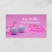ピンク色のリボンが付いたゴルフボール、ピンクの女性ゴルファー 名刺 (正面)