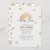 ピンク色のレインボースターズ赤ちゃんシャワー 招待状 (正面/裏面)