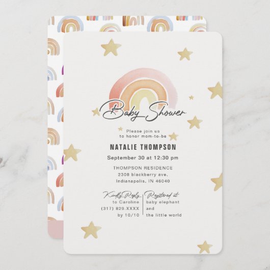 ピンク色のレインボースターズ赤ちゃんシャワー 招待状 (正面/裏面)