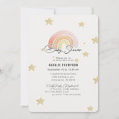 ピンク色のレインボースターズ赤ちゃんシャワー 招待状 (正面)