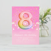 ピンク色のレインボーバルーンレター第8誕生日 招待状 (スタンド正面)