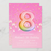 ピンク色のレインボーバルーンレター第8誕生日 招待状 (正面/裏面)