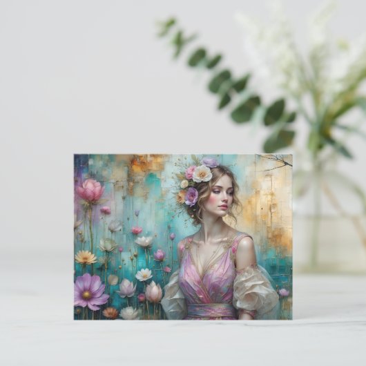 ピンク色のレディーテクスチャフローラ横ティール(緑がかった色)金ゴールド ポストカード (スタンド正面)