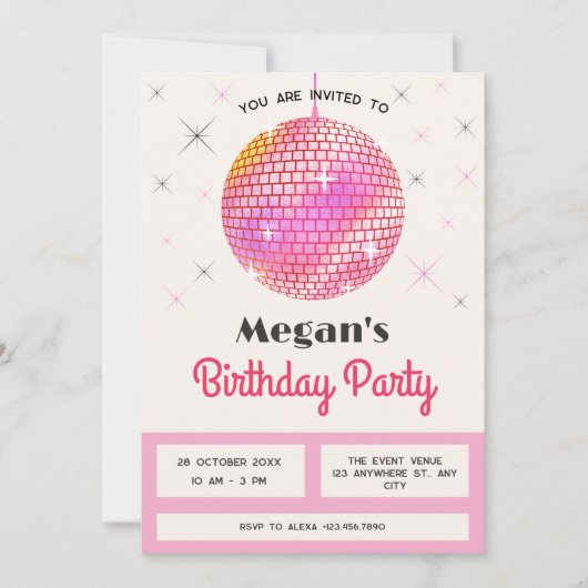 ピンク色のレトロディスコ 招待状 (正面)