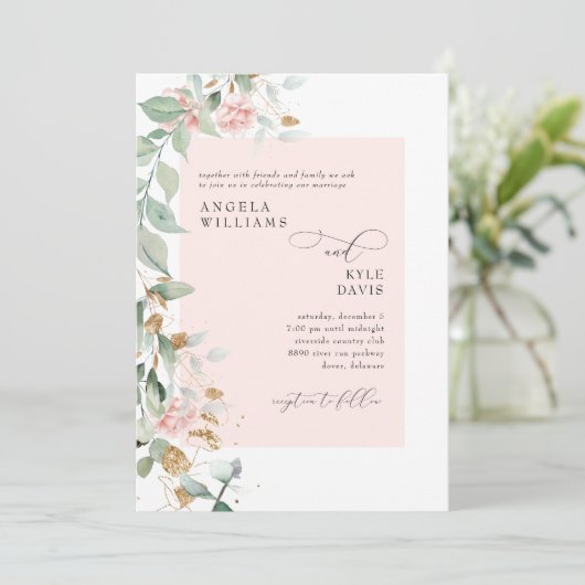 ピンク色のローズユーカリ結婚プス 招待状 (スタンド正面)