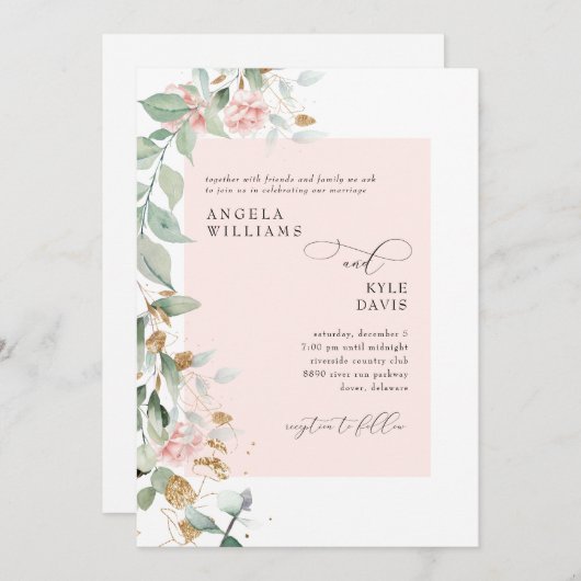 ピンク色のローズユーカリ結婚プス 招待状 (正面/裏面)