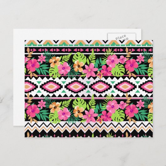 ピンク色のワイルドフラワーの部族模様 ポストカード (正面/裏面)