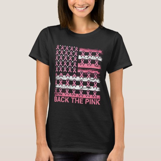 ピンク色の乳がん認識度米国国旗を背に掲げる Tシャツ (正面)