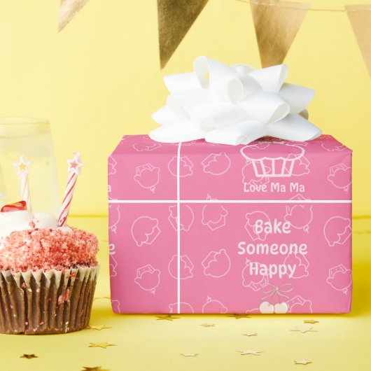 ピンク色の人が幸せそうに焼く ラッピングペーパー (誕生日パーティー)
