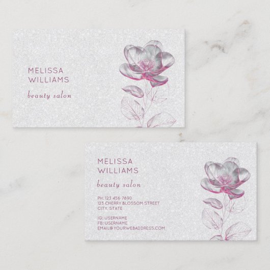 ピンク色の光沢のあるメタリックフラワーを透明にする 名刺 (正面/裏面)