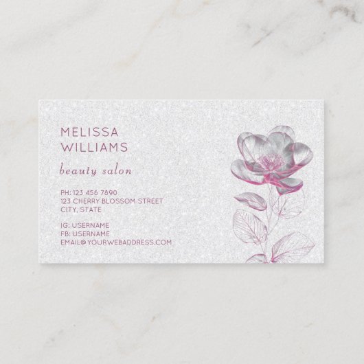 ピンク色の光沢のあるメタリックフラワーを透明にする 名刺 (裏面)