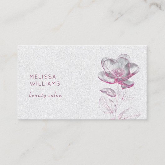ピンク色の光沢のあるメタリックフラワーを透明にする 名刺 (正面)