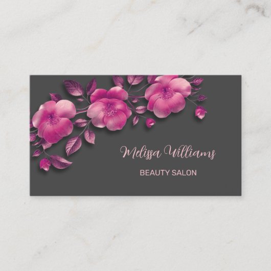 ピンク色の光沢のあるメタリックフラワーグレー 名刺 (正面)
