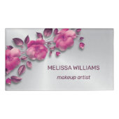 ピンク色の光沢のあるメタリックフラワーシルバー 名札 (正面)