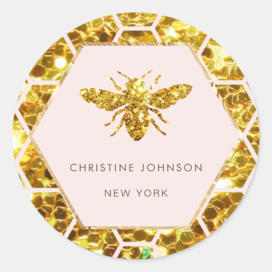 ピンク色の六角形ビー淡い色ののロゴ ラウンドシール (正面)