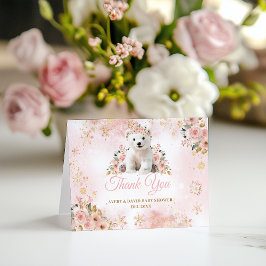 ピンク色の冬かわいいクマその女の子の赤ちゃんシャワー サンキューカード