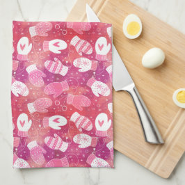 ピンク色の冬のクリスマスのミッテンス キッチンタオル