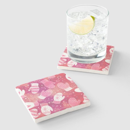 ピンク色の冬のクリスマスのミッテンス ストーンコースター (横)