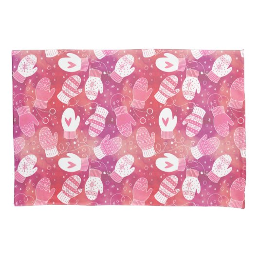 ピンク色の冬のクリスマスのミッテンス 枕カバー (正面)