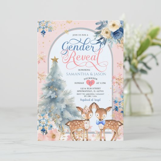 ピンク色の冬の鹿のクリスマスジェンダーが明らかになる 招待状 (スタンド正面)