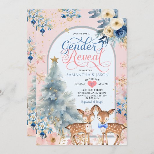 ピンク色の冬の鹿のクリスマスジェンダーが明らかになる 招待状 (正面/裏面)