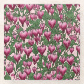 ピンク色の出血ハート花模様 ガラスコースター (正面)