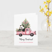 ピンク色の可愛いパンダのヴィンテージトラッククリスマス カード (黄色い花)