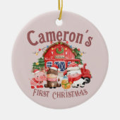 ピンク色の可愛いフォトクリスマスファーム動物 セラミックオーナメント (正面)