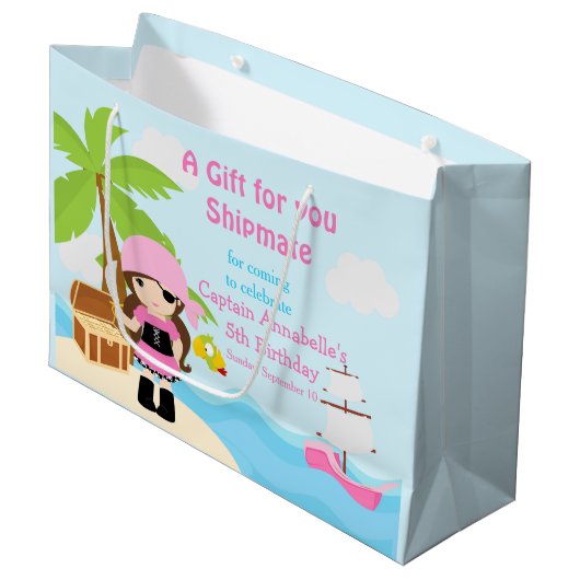 ピンク色の可愛いブルネット海賊少女ありがとう ラージペーパーバッグ (正面アングル)