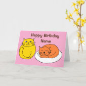 ピンク色の可愛い猫漫画の誕生日カード カード (黄色い花)