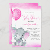 ピンク色の可愛い象の赤ちゃんシャワー 招待状 (正面/裏面)