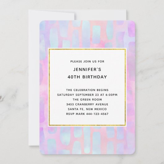 ピンク色の四角形の紫と青の誕生日 招待状 (正面)