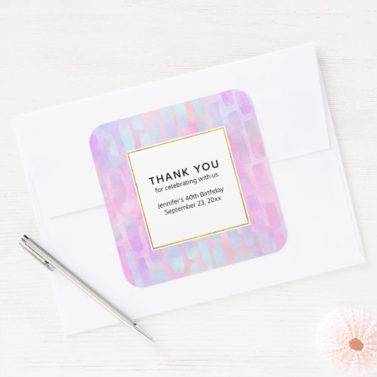 ピンク色の四角形の青いパーティーありがとう スクエアシール (封筒)
