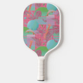 ピンク色の夏の気化装置の夕日とヤシの木 ピックルボールラケット (裏面)