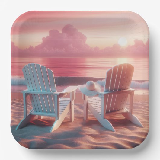 ピンク色の夕日にアディロンドバックチェア ペーパープレート (正面)