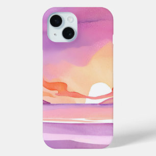 ピンク色の夕日 美しい海空 iPhone 15ケース