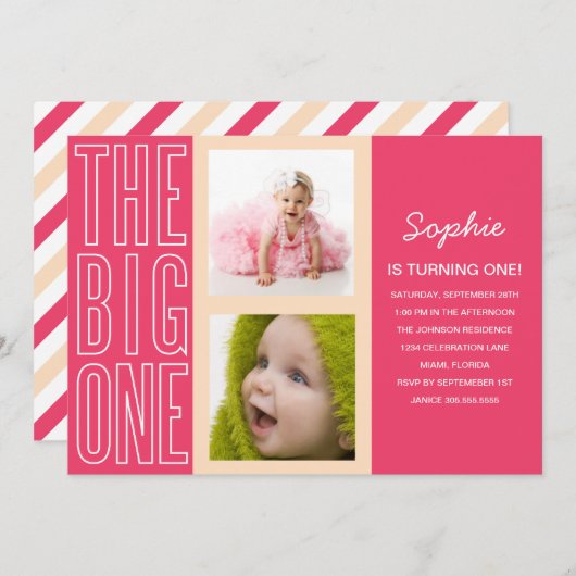 ピンク色の大きなもの | FIRST誕生日招待状 招待状 (正面/裏面)