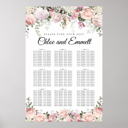 ピンク色の大きなフローラ9結婚テーブルの座席表 ポスター (正面)
