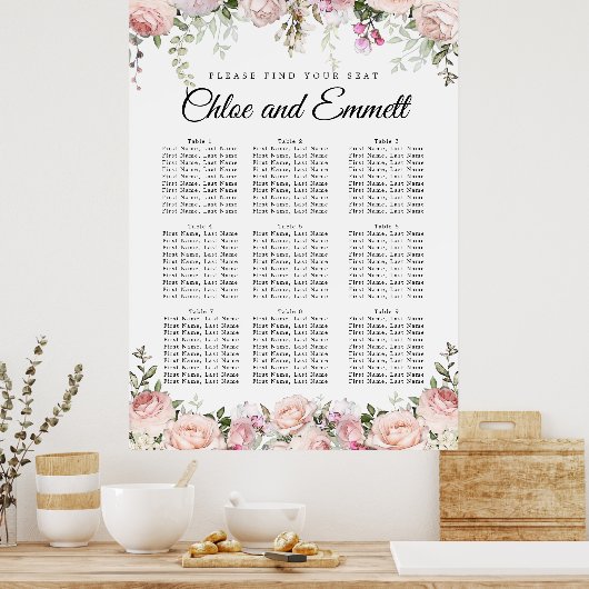 ピンク色の大きなフローラ9結婚テーブルの座席表 ポスター (キッチン)