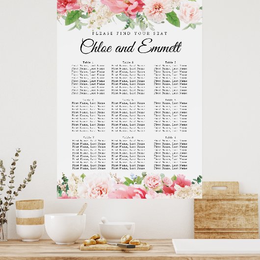 ピンク色の大きなフローラ9結婚テーブルの座席表 ポスター (キッチン)