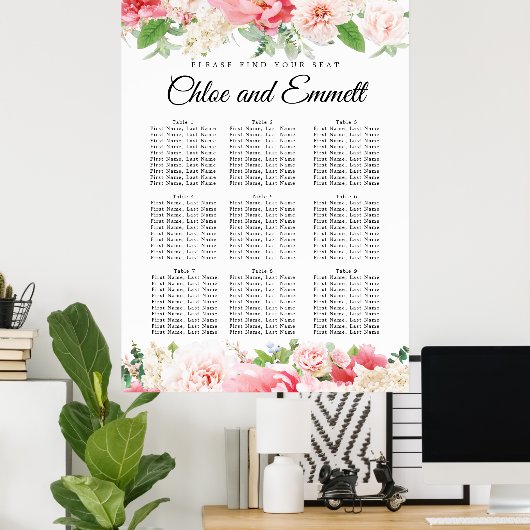 ピンク色の大きなフローラ9結婚テーブルの座席表 ポスター (ホームオフィス)